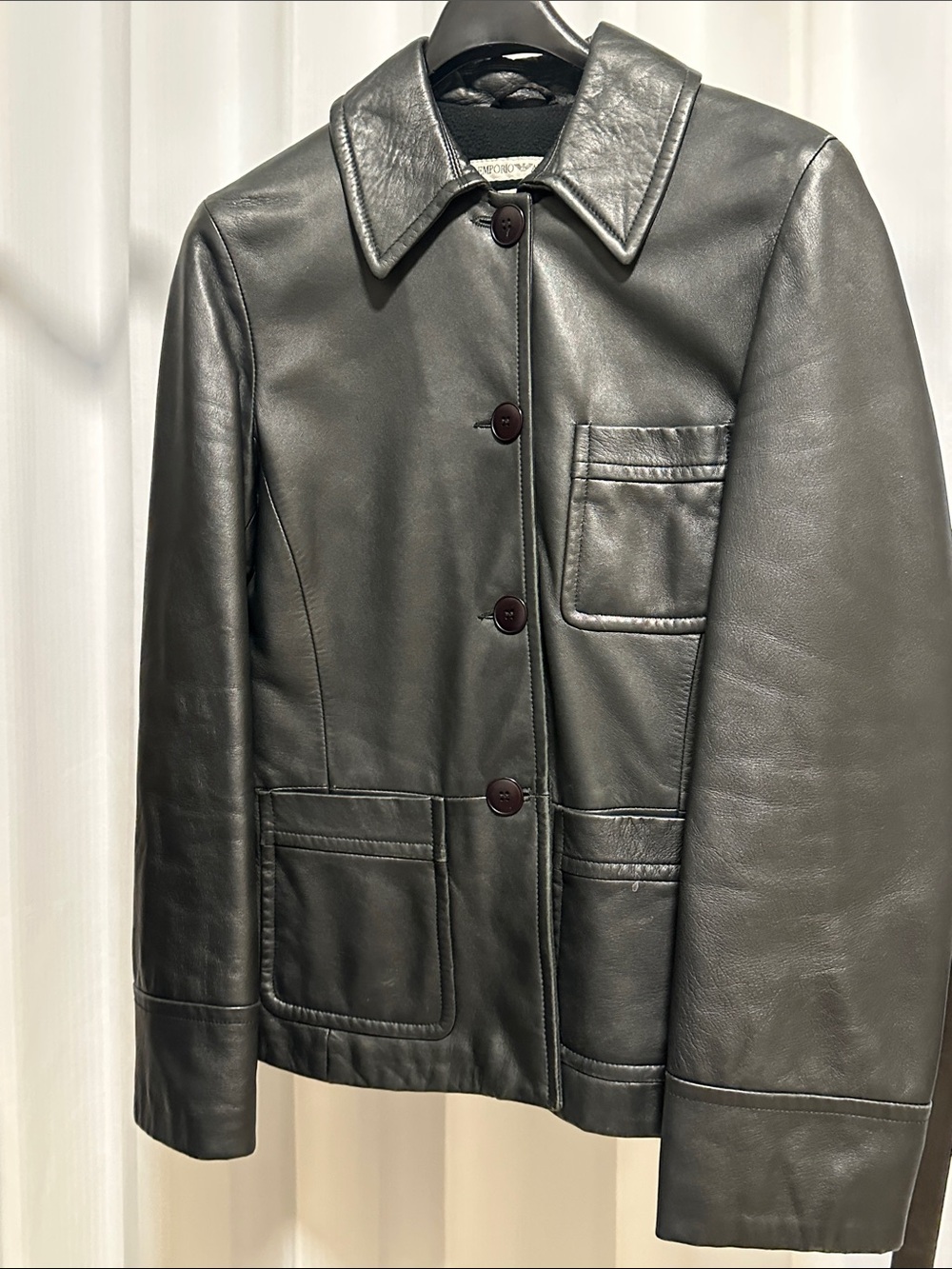 Emporio Armani Black lamb Leather Button-Front Jacket with wool lining.